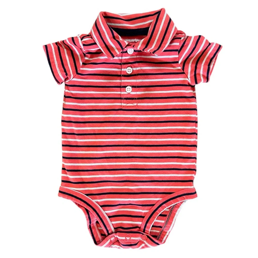 Carters Striped Collared Red, White, & Black Baby Bodysuit Onesie 6 Month